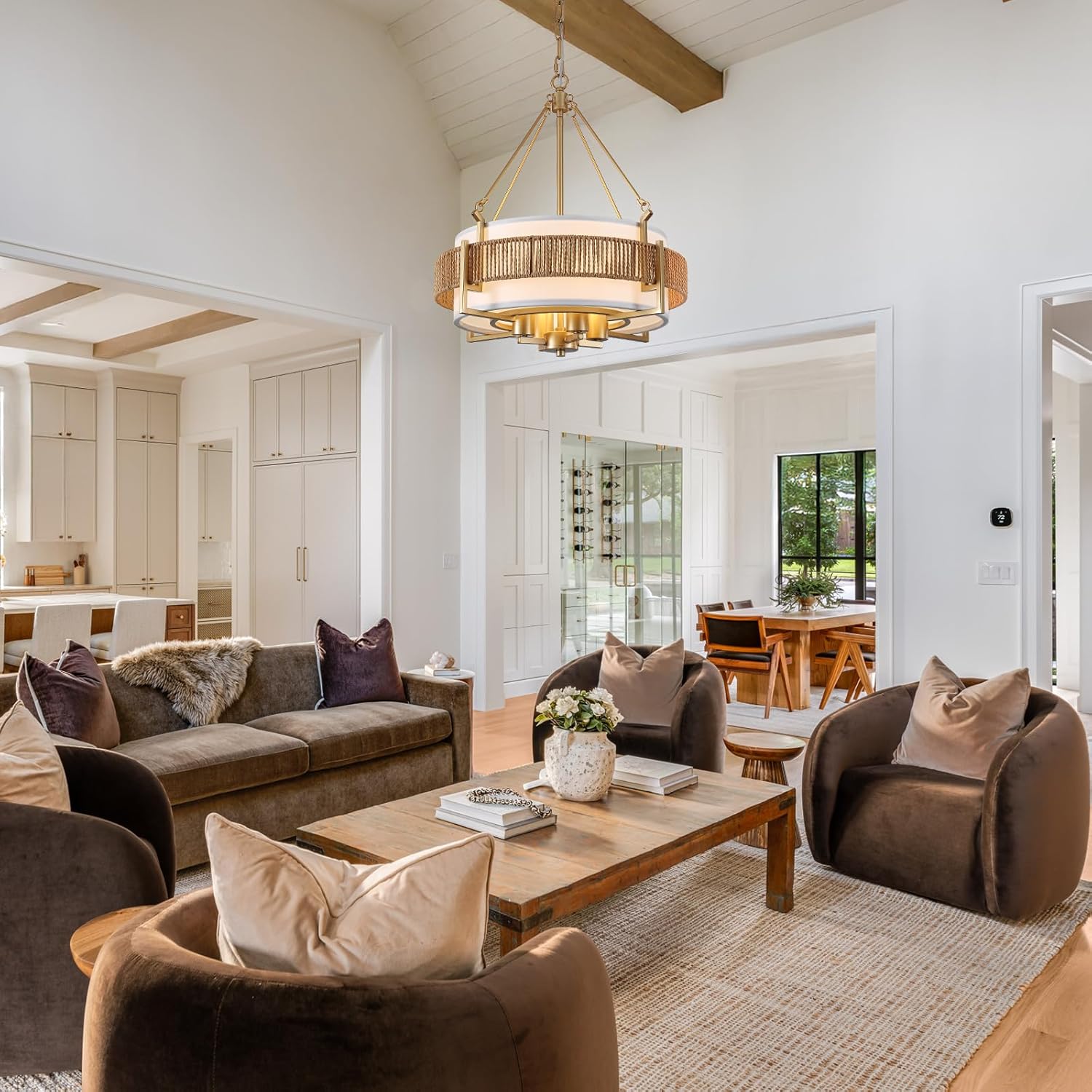 18.7'' Farmhouse Rattan Chandelier,4-Light Farmhouse Boho Drum Chandeliers with Fabric Shade,Modern Brushed Gold Chandelier for Dining Room Living Room Kitchen Island Hallway Foyer