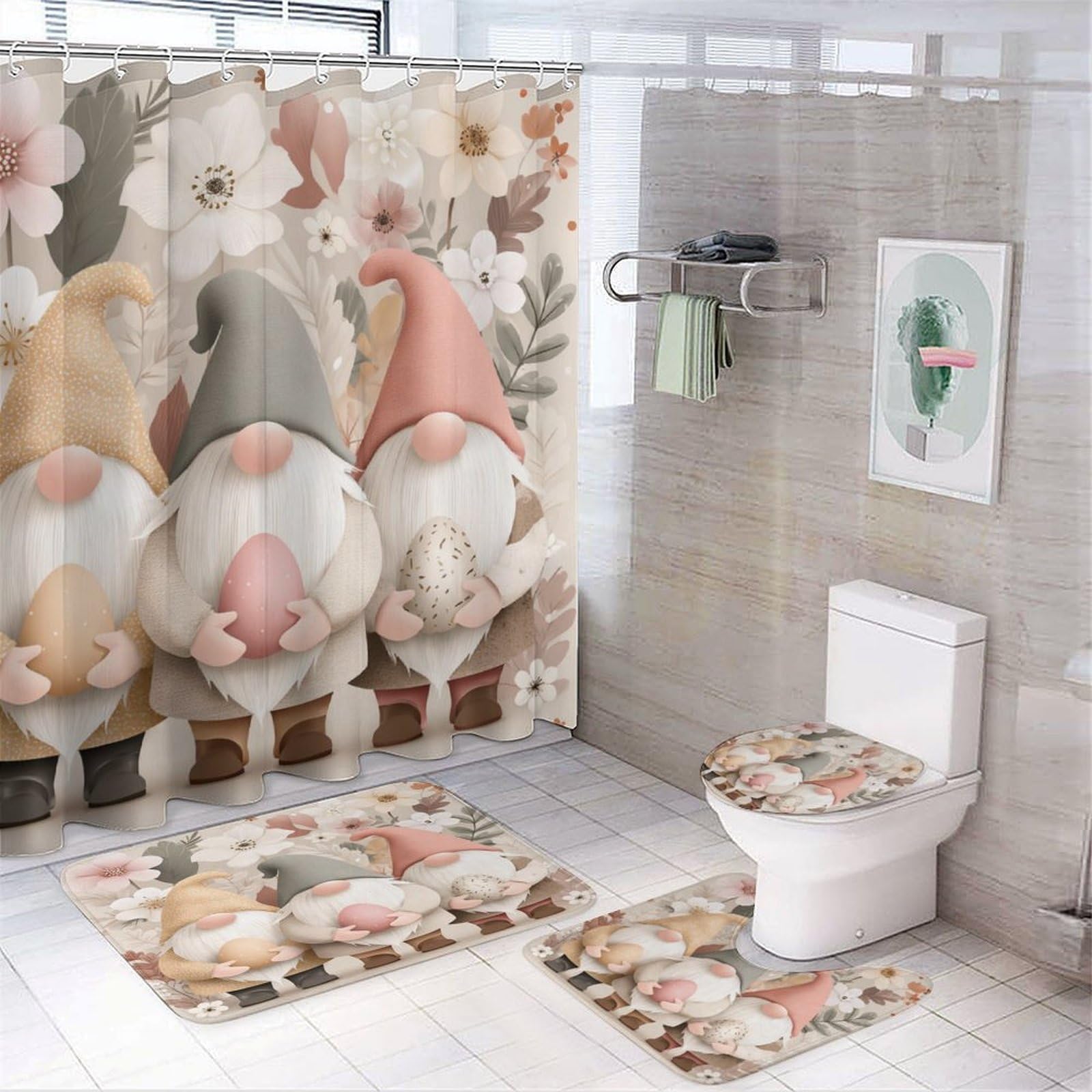 4 Pcs Spring Flowers Gnome Shower Curtain Set with Rugs, Toilet Lid Cover and Bath Mat, Easter Eggs Bathroom Decor Accessories Set