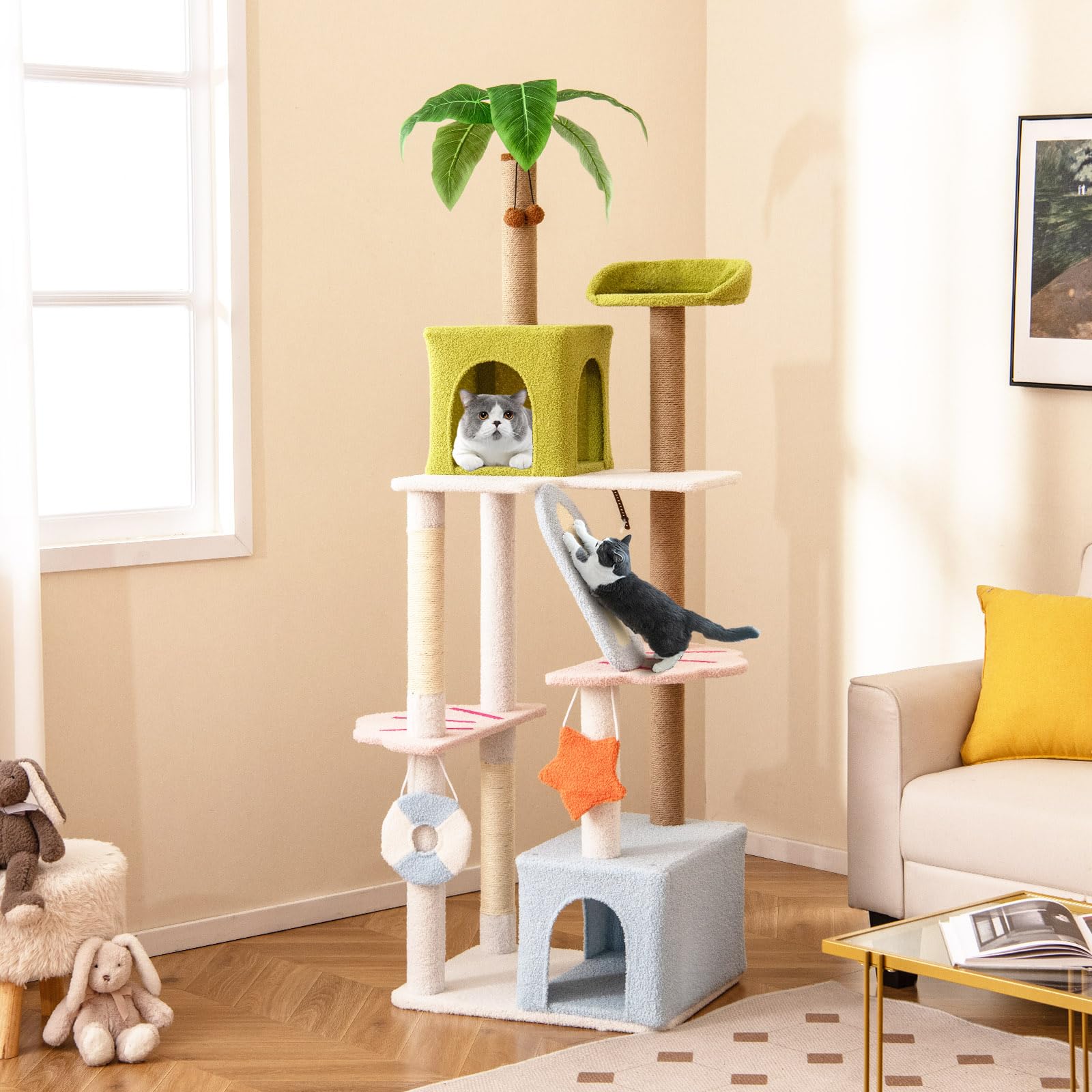 Tangkula 71 Inch Tall Cat Tree, Multi-Level Aesthetic Beach-Themed Cat Tower with Sisal & Jute Scratching Posts, 2 Cat Condos, Perch, Artificial Plant, Hanging Toys, Indoor Cat Activity Center