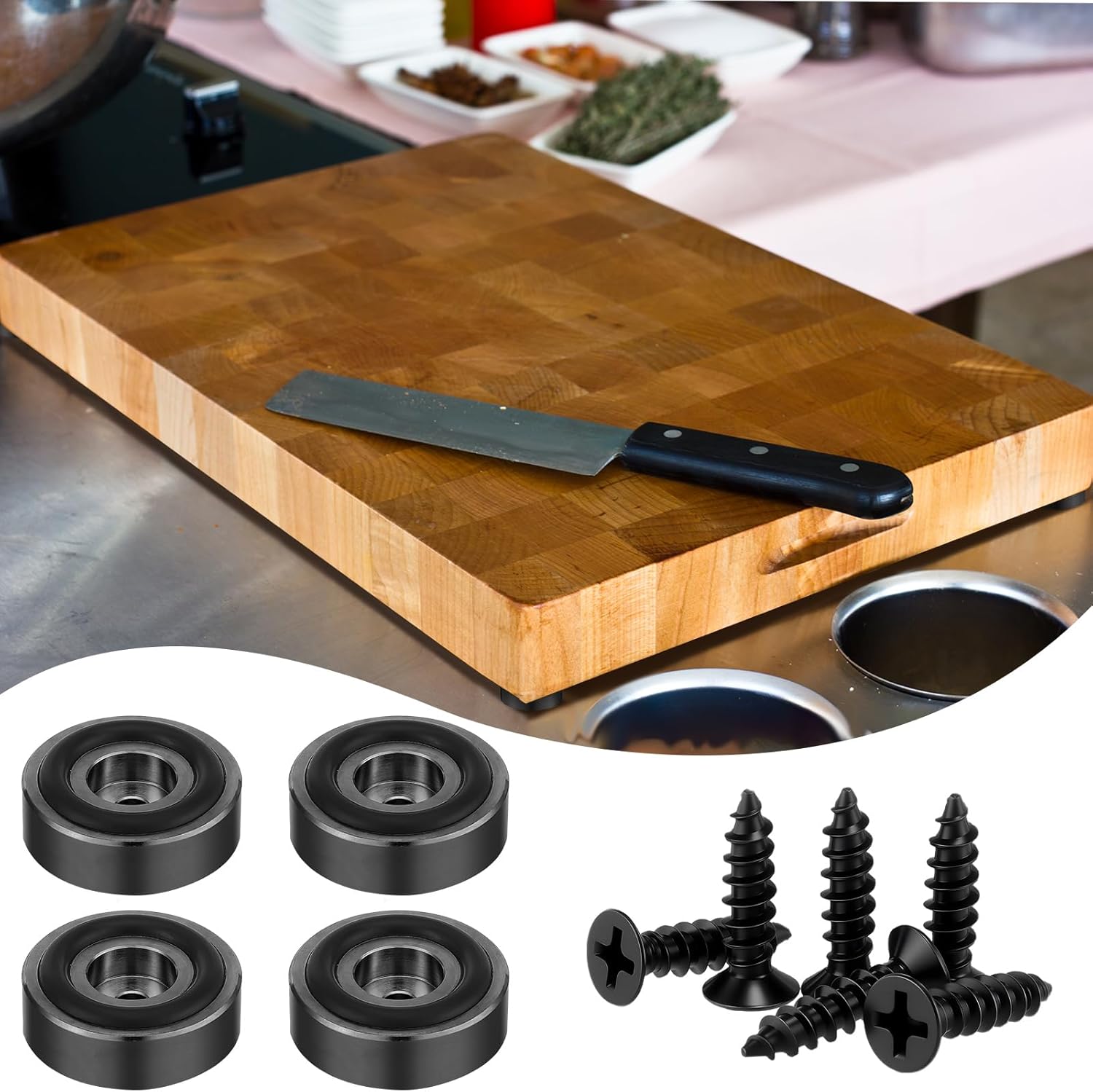 Yaocom 4 Pcs Stainless Steel Cutting Board Feet with Nonslip Pads Board Feet Legs with Silicone Rubber and Screws Kit for Kitchen Unfinished Cutting(Black,1.18 x 0.39 Inch)