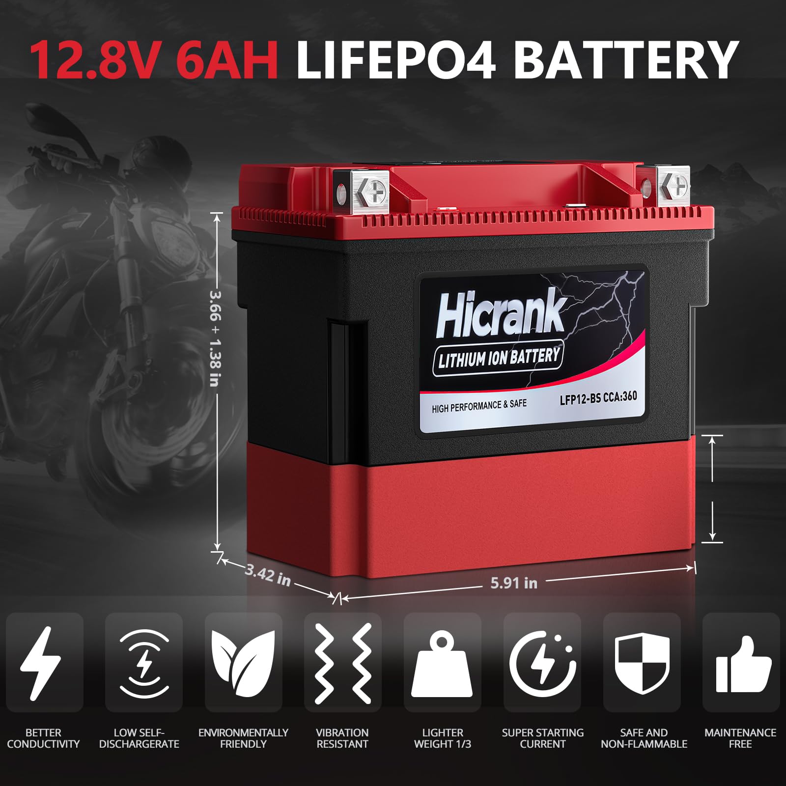 Hicrank YTX12-BS 12V 6Ah,360CCA LiFePO4 Lithium Motorcycle Battery