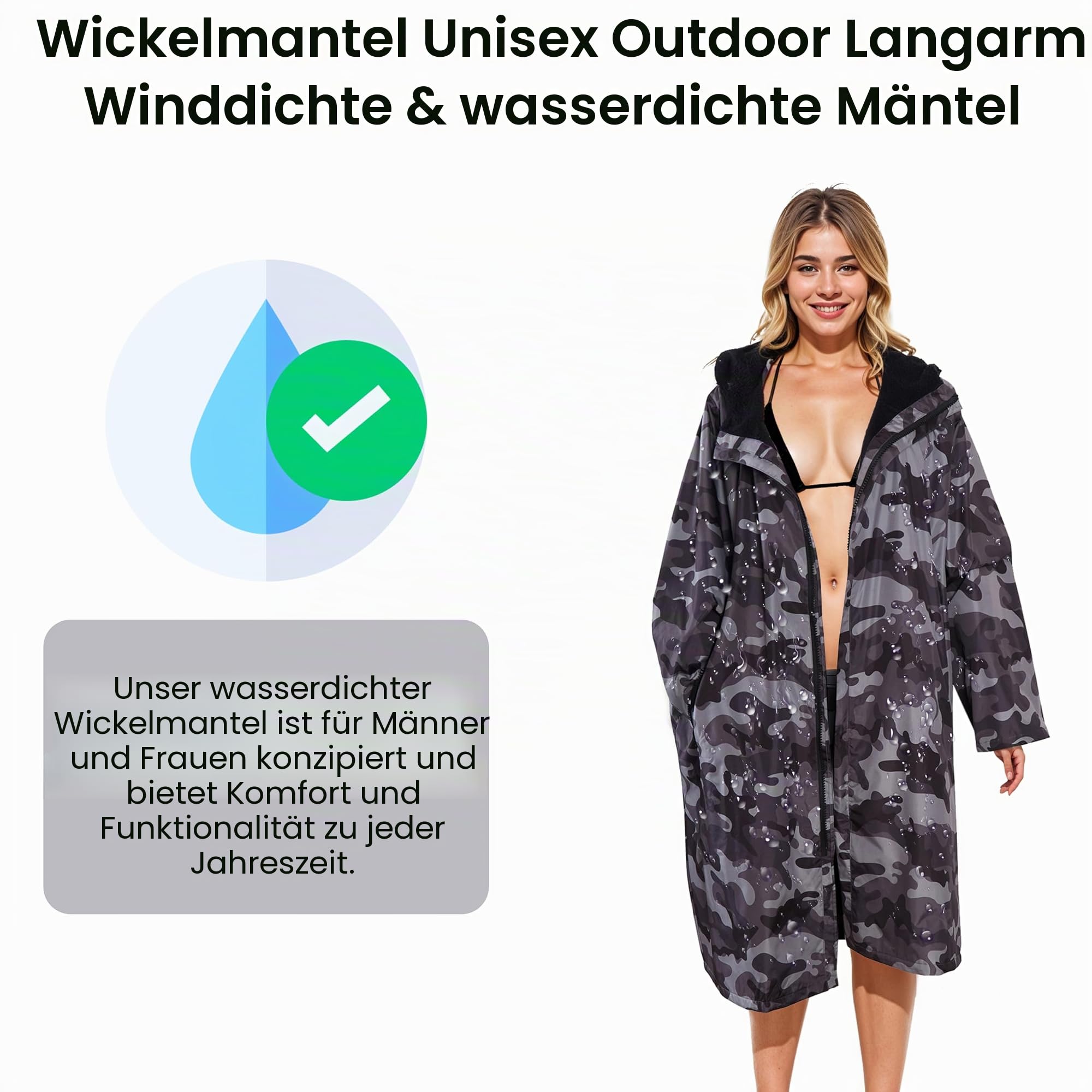 Heatwave Unisex Outdoor-Bademantel, langärmelig, winddicht und wasserdicht, Kapuzenmantel für Strand, Wildschwimmen, Surfen, Übergröße, schnell trocknend