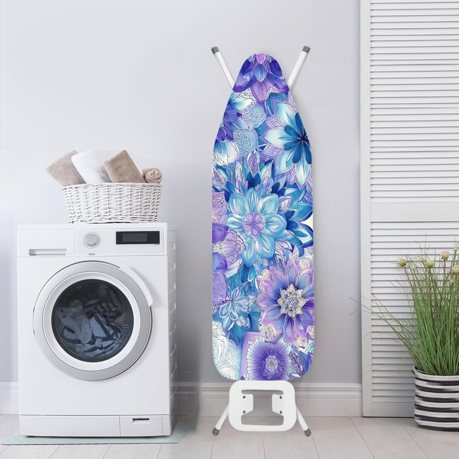 Ironing Board Cover 14x48 Blue Purple Flower Iron Board Cover with Padding Heat Reflective,Scorch Resistant Thick Padding,Snug Fit Non-Slip Nose Pocket Fastener Straps Elastic Edges