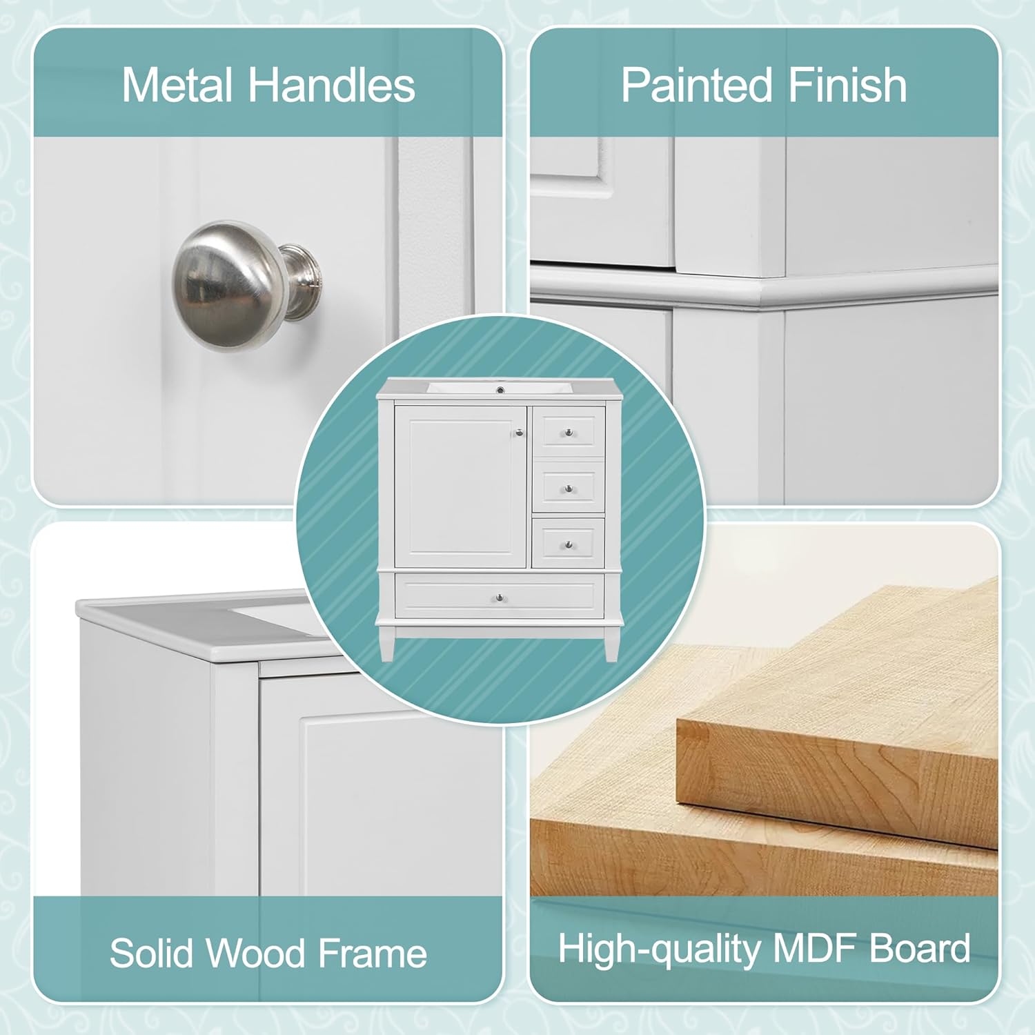 30" Bathroom Vanities with Ceramic Sink, Storage Cabinet with 3 Drawers and Door Shelf, Soft-Closing Door, Solid Wood Legs, White