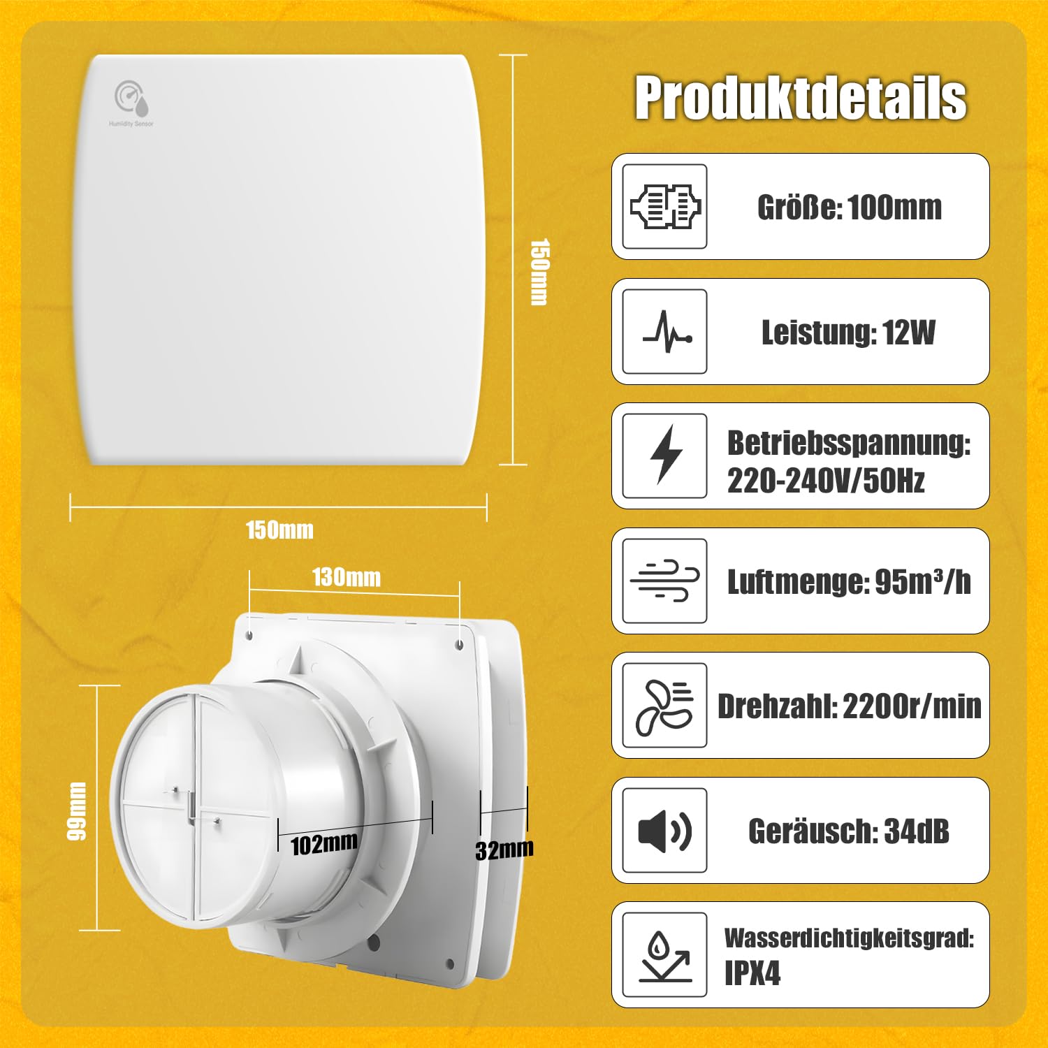 wentylator łazowy 100 mm z czujnikiem wilgotności powietrza, 12 W, wyciągowy z zaworem zwrotnym, 95 m³/h, 34 dB, wentylator ścienny