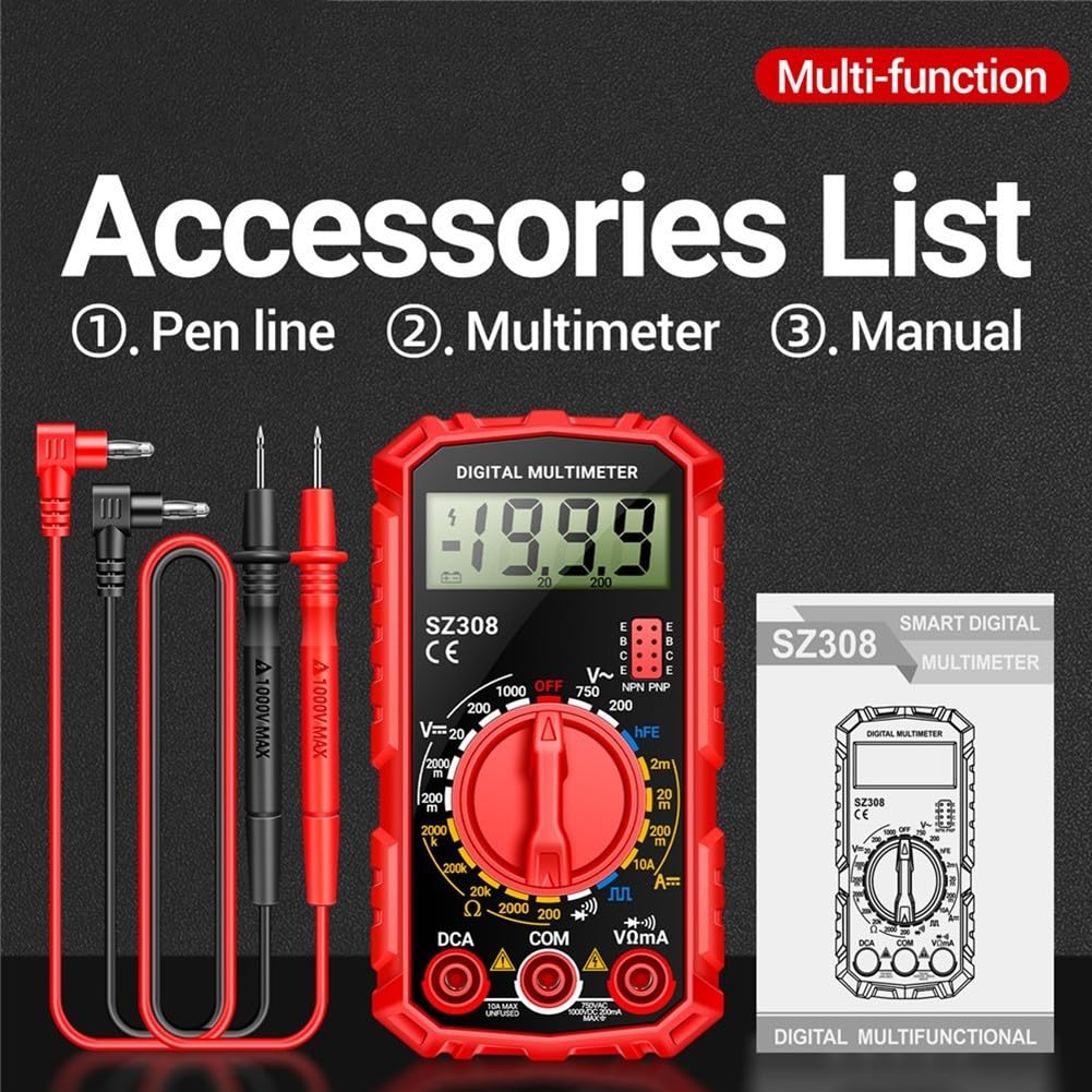Package contents of ZUZZEE SZ308 Multimeter including multimeter, test leads, and manual