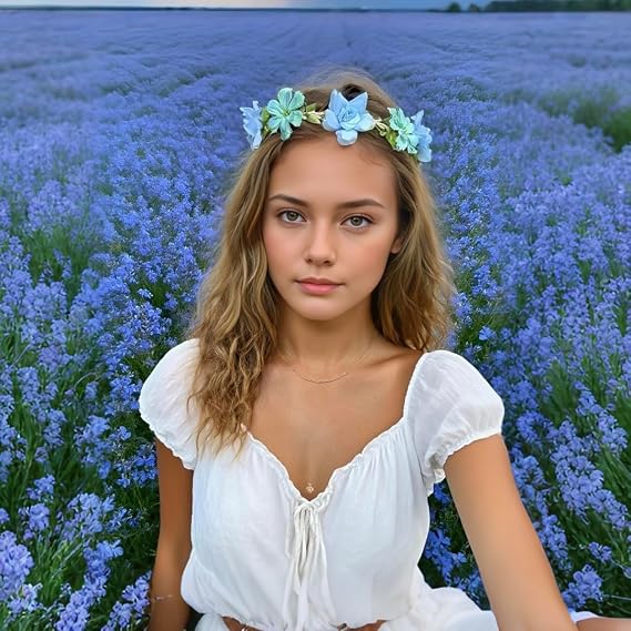 Hawaiian Flower Headbands Girls Women Boho Hair Wreaths Floral Hairband Luau Accessories Bridal Wedding Crown Tiaras - 2 Pack, Pink & Blue