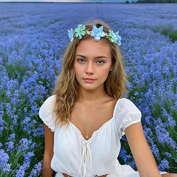 Hawaiian Flower Headbands Girls Women Boho Hair Wreaths Floral Hairband Luau Accessories Bridal Wedding Crown Tiaras - 2 Pack, Pink & Blue