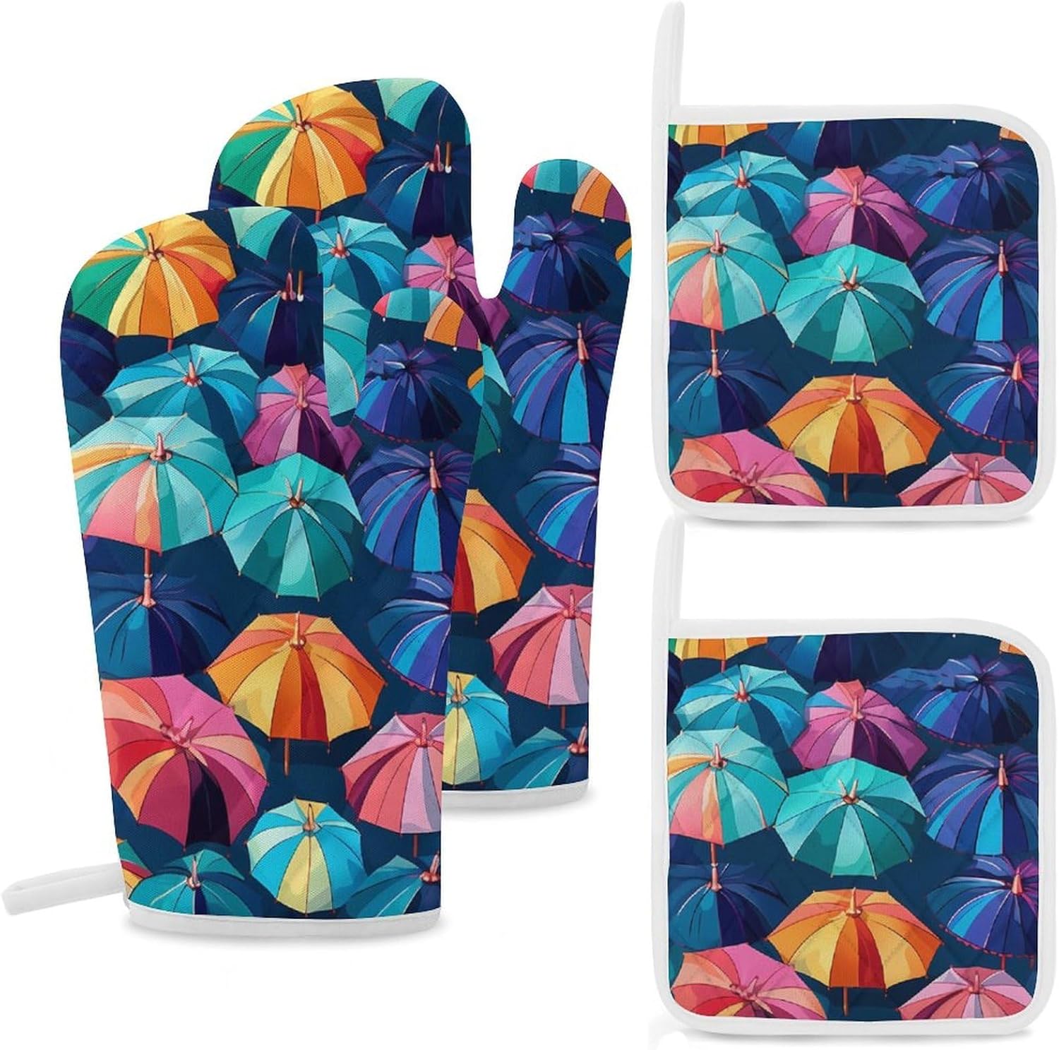 Colorful Umbrella 4 Pcs Oven Mitts and Pot Holders Set High Heat Resistant Long Kitchen Oven Glove Potholders