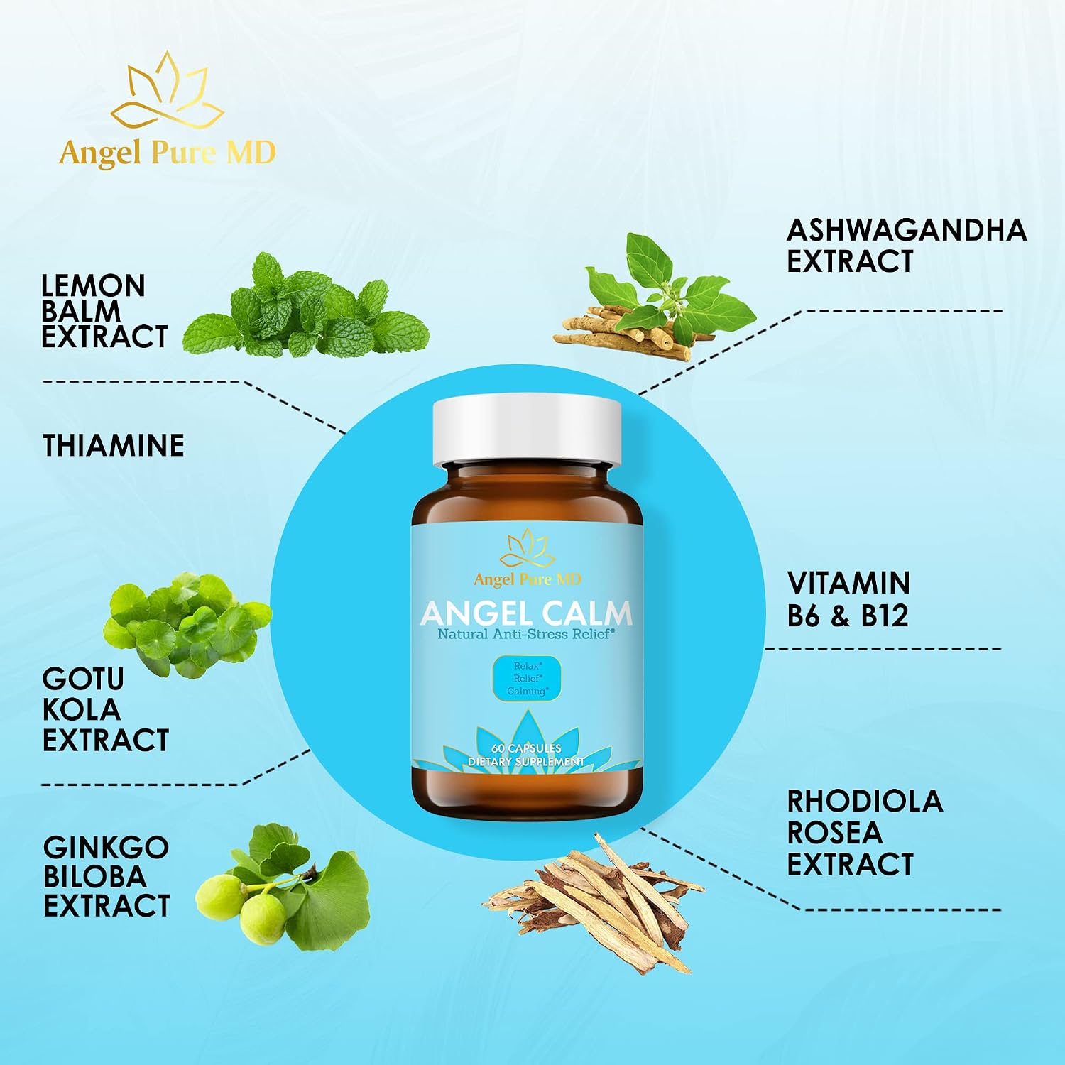 Angel Pure MD Angel Calm Stress Relief Supplement - Doctor Formulated Premium Mood Support Supplements with Vitamin B, Lemon Balm, Ashwagandha & More - Calm Mood, Stress & Energy Support - 60 Capsules