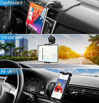 Car Tablet Mount Dashboard Vent, 3-in-1 Car Tablet Holder Windshield Air Vent [Powerful Suction Cup & Adjustable Arm] for 4-12.9 Devices, iPad Pro Air Mini, Galaxy Tabs, Lenovo, Phones