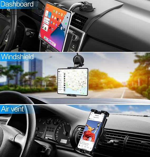 Car Tablet Mount Dashboard Vent, 3-in-1 Car Tablet Holder Windshield Air Vent [Powerful Suction Cup & Adjustable Arm] for 4-12.9 Devices, iPad Pro Air Mini, Galaxy Tabs, Lenovo, Phones