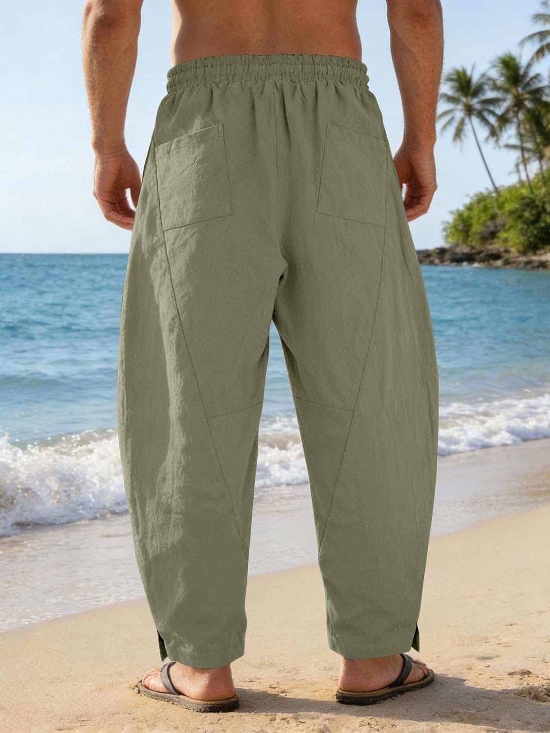 Mens Linen Pants Casual Harem Pants Lightweight Summer Beach Pants Drawstring Vacation Yoga Trousers with Pockets