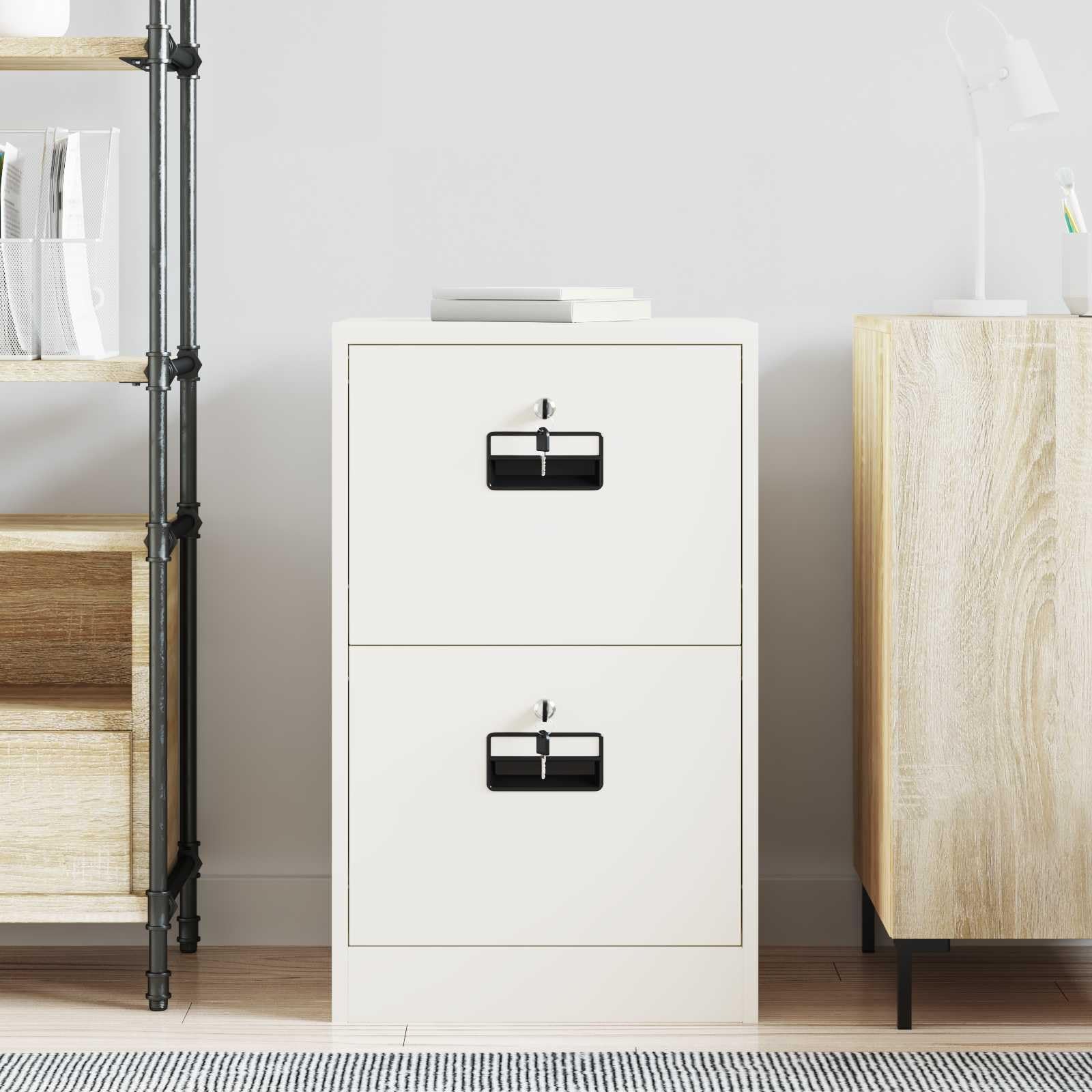 Aktenschrank Weiß, Rollcontainer aus Metall 45,5x42x74,5cm, Büroschrank mit 2 Schubladen, Abschließbarer Beistellschrank aus Kaltstahl für Dokumente und Büroorganisation