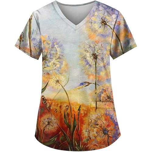 Floral Scrub Tops Women Printed Plus Size Stretchy Short Sleeve V Neck Nurse Shirts with Pockets (S-5xl)