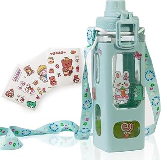 Kawaii Water Bottle for Kids Cute Water Bottles with Straw Portable Square Drinking Bottle, Leakproof Water Jug for Girls, 30 oz (Green-900ml)