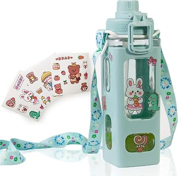 Kawaii Water Bottle for Kids Cute Water Bottles with Straw Portable Square Drinking Bottle, Leakproof Water Jug for Girls, 30 oz Green-900ml
