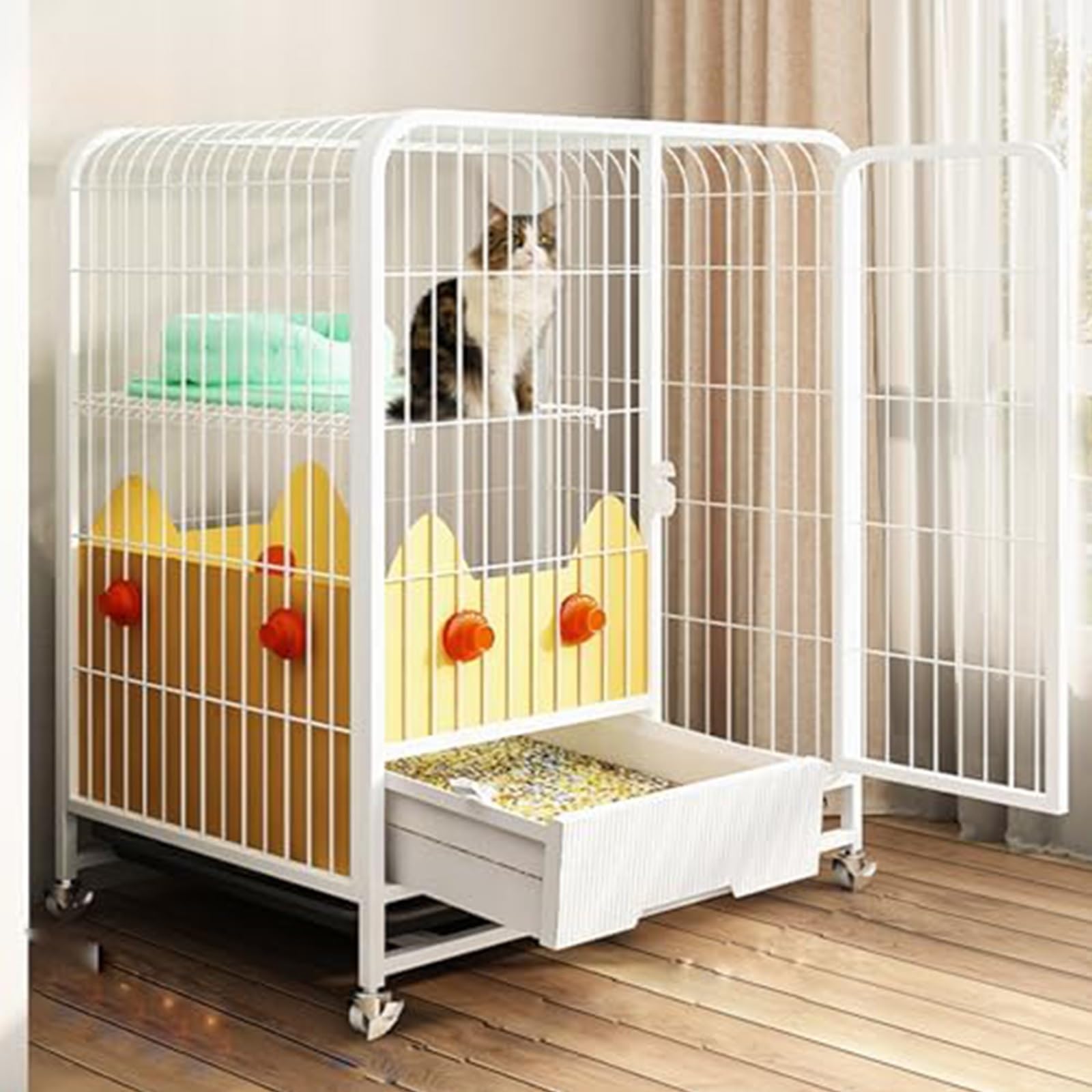 Grande gabbia per gatti da interni, con 2 ripiani estraibili e ruote, ideale per 12 gatti, colore: bianco (78 x 55 x 100 cm)