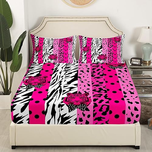 Miniatura 3 de Manfei Wild Tiger - Sábana bajera ajustable tamaño matrimonial, funda de cama con estampado de leopardo rosa con 2 fundas de almohada, juego de ropa