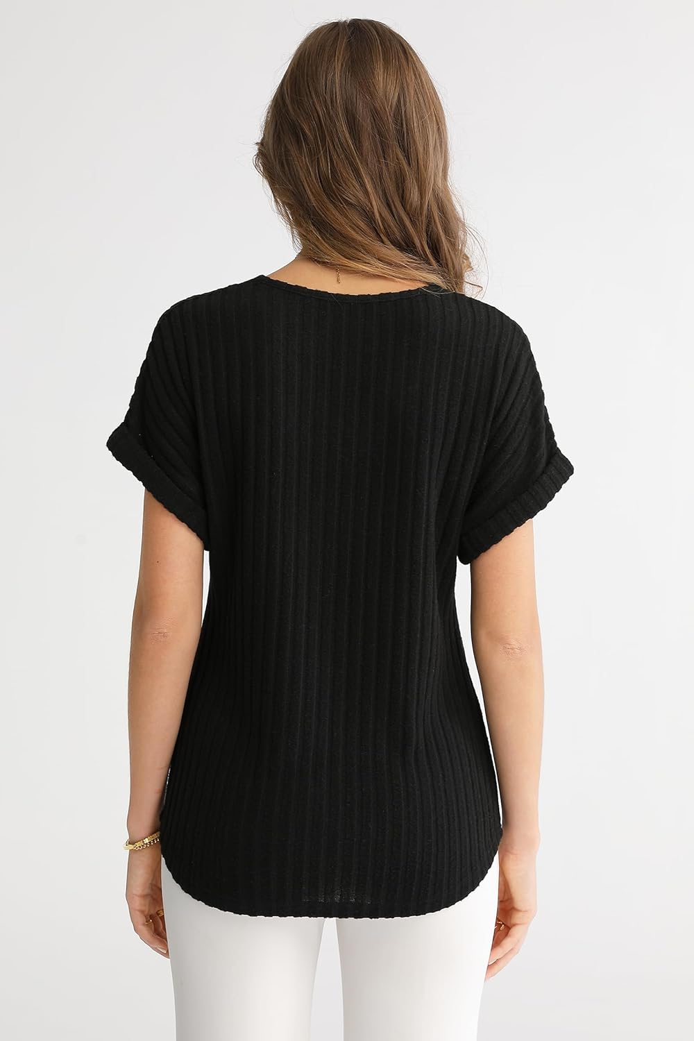 QUALFORT Womens V Neck Tunic Shirt Ribbed Knit Short Sleeve Loose Fit Tops Spring 2026 - Image 7