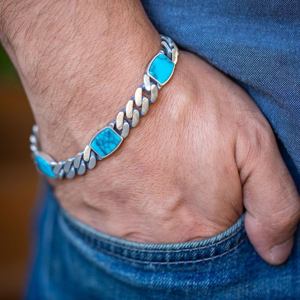 Silver Turquoise Curb Chain Bracelet, 10mm Curb Chain Bracelet, Handmade Silver Bracelet, Bracelet For Men, Chain Link Bracelet, 925 Silver