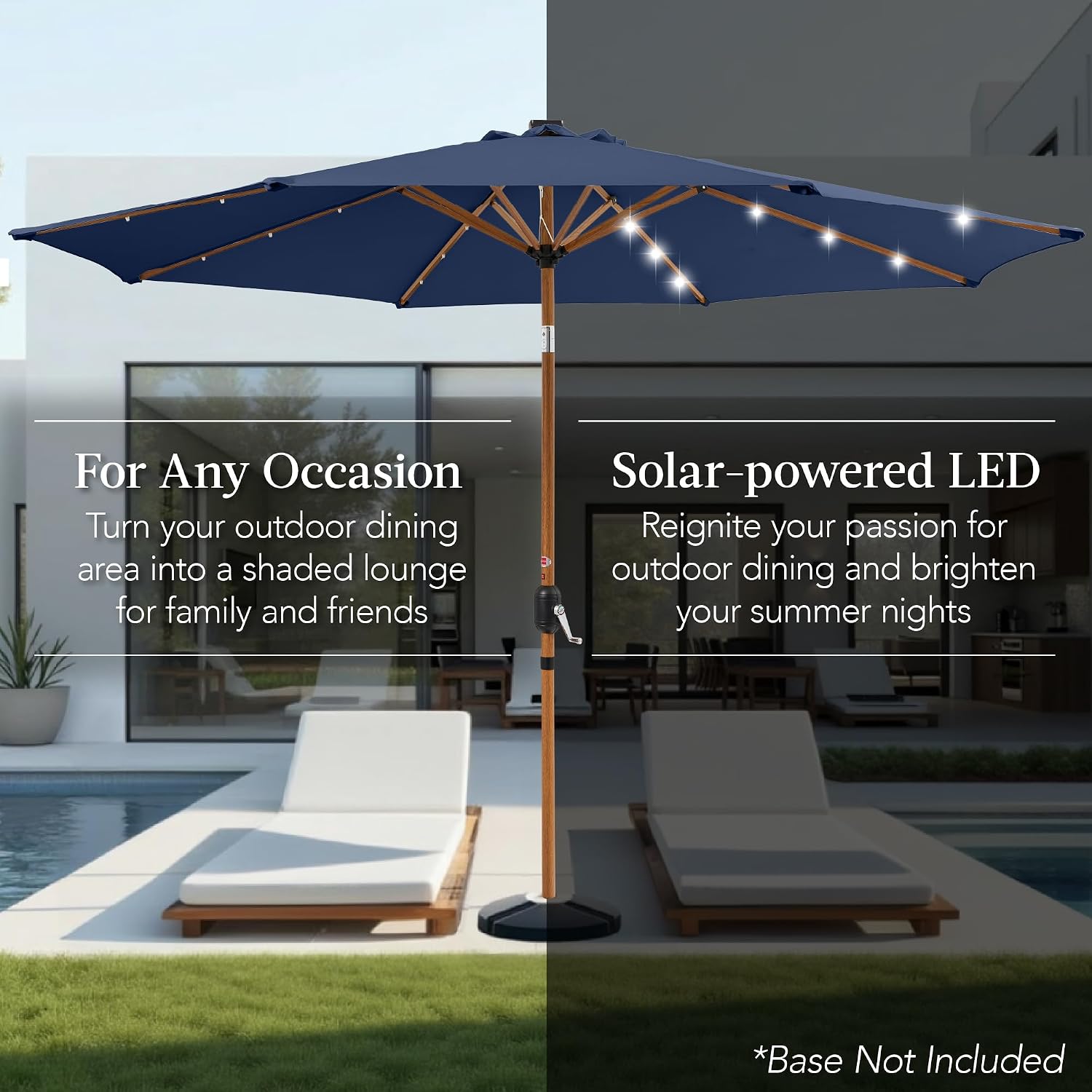 Best Choice Products 10ft Solar Market Patio Umbrella w/Woodgrain Pattern Pole, LED Lights, Tilt & Crank - Outdoor Sun Shade for Backyard Table, Deck, Poolside - Navy Blue thumbnail