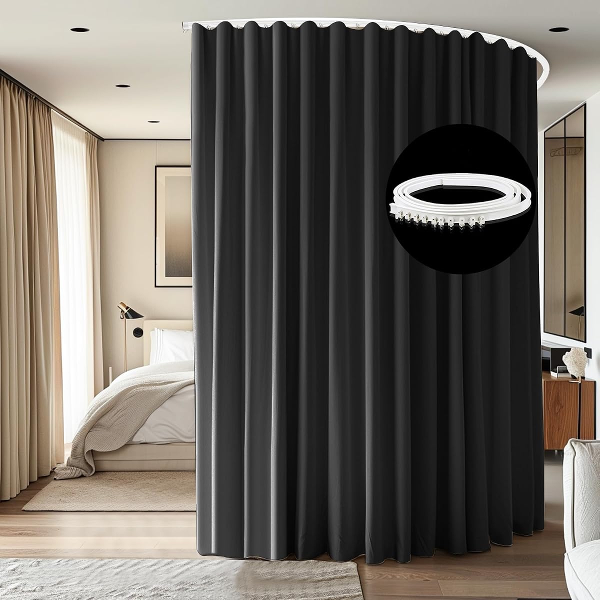 Cortinas divisorias de habitación, juegos de rieles para montaje en techo, cortina opaca extra ancha, rieles flexibles para separador de partición de privacidad de dormitorio, 1 panel, cortina negra y riel blanco, 8,3 x 7 pies de ancho