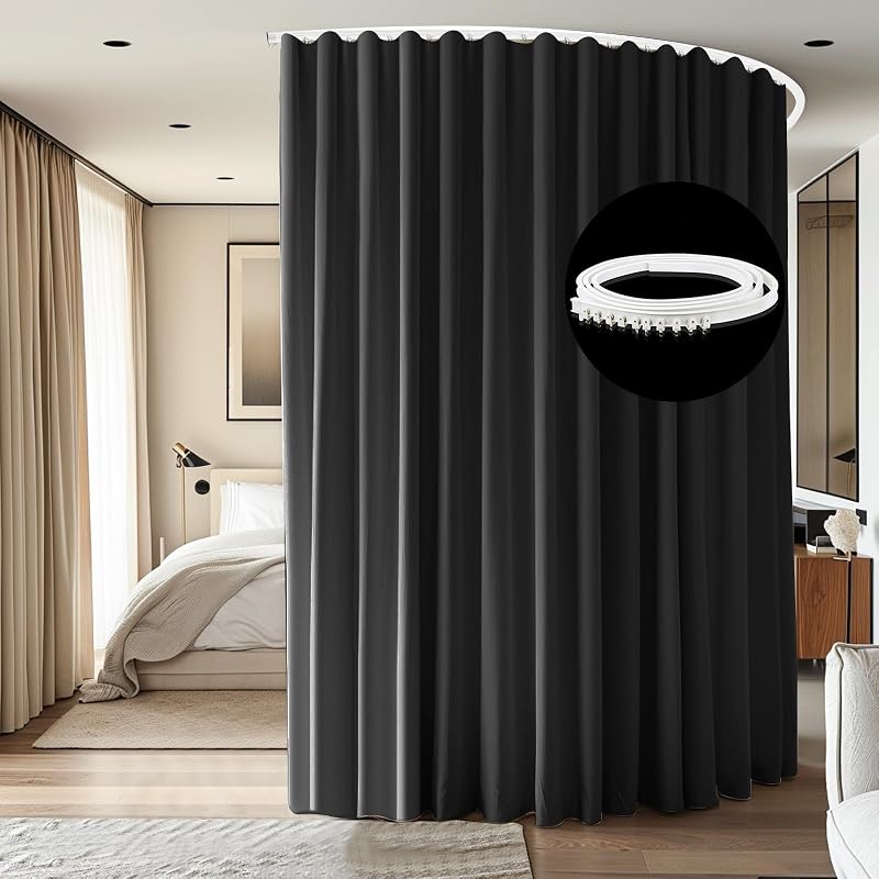 Cortinas divisorias de habitación, juegos de rieles para montaje en techo, cortina opaca extra ancha, rieles flexibles para separador de partición de privacidad de dormitorio, 1 panel, cortina negra y riel blanco, 8,3 x 7 pies de ancho