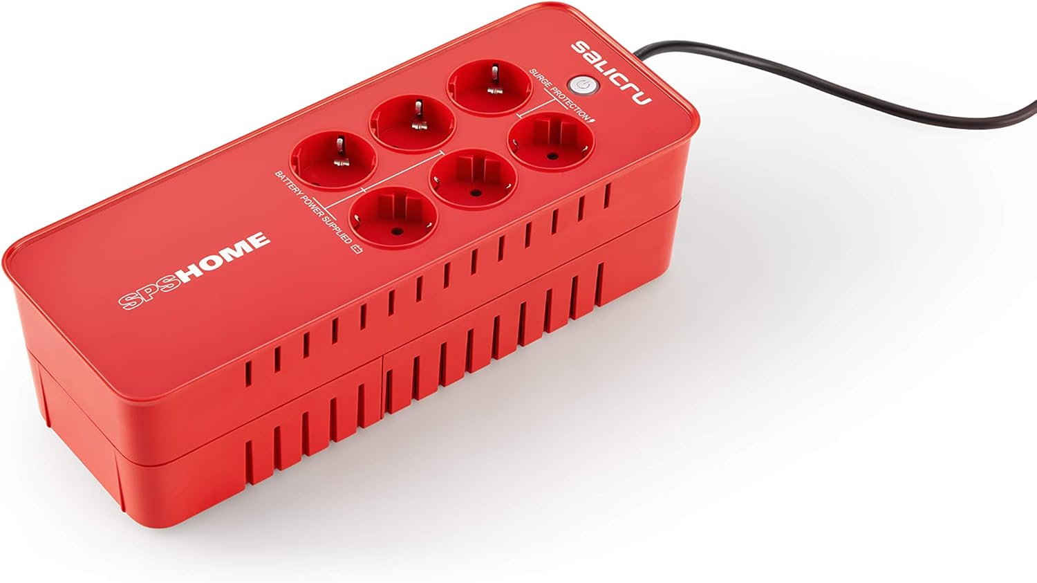 Angled view of Salicru SPS 650 HOME UPS showing side ventilation grilles