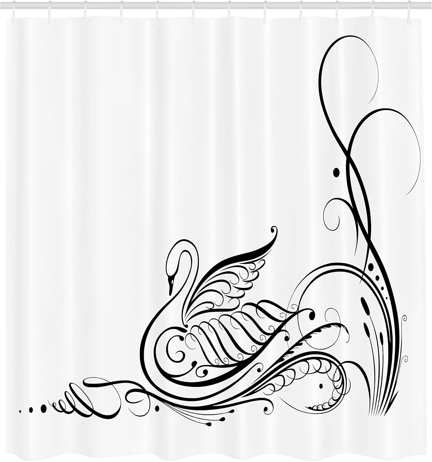 Ambesonne Swan Shower Curtain, Monochrome Cursive Line Art Swan on River Calligraphy Style Illustration Minimalist, Cloth Fabric Bathroom Decor Set with Hooks, 69" W x 84" L, White and Charcoal