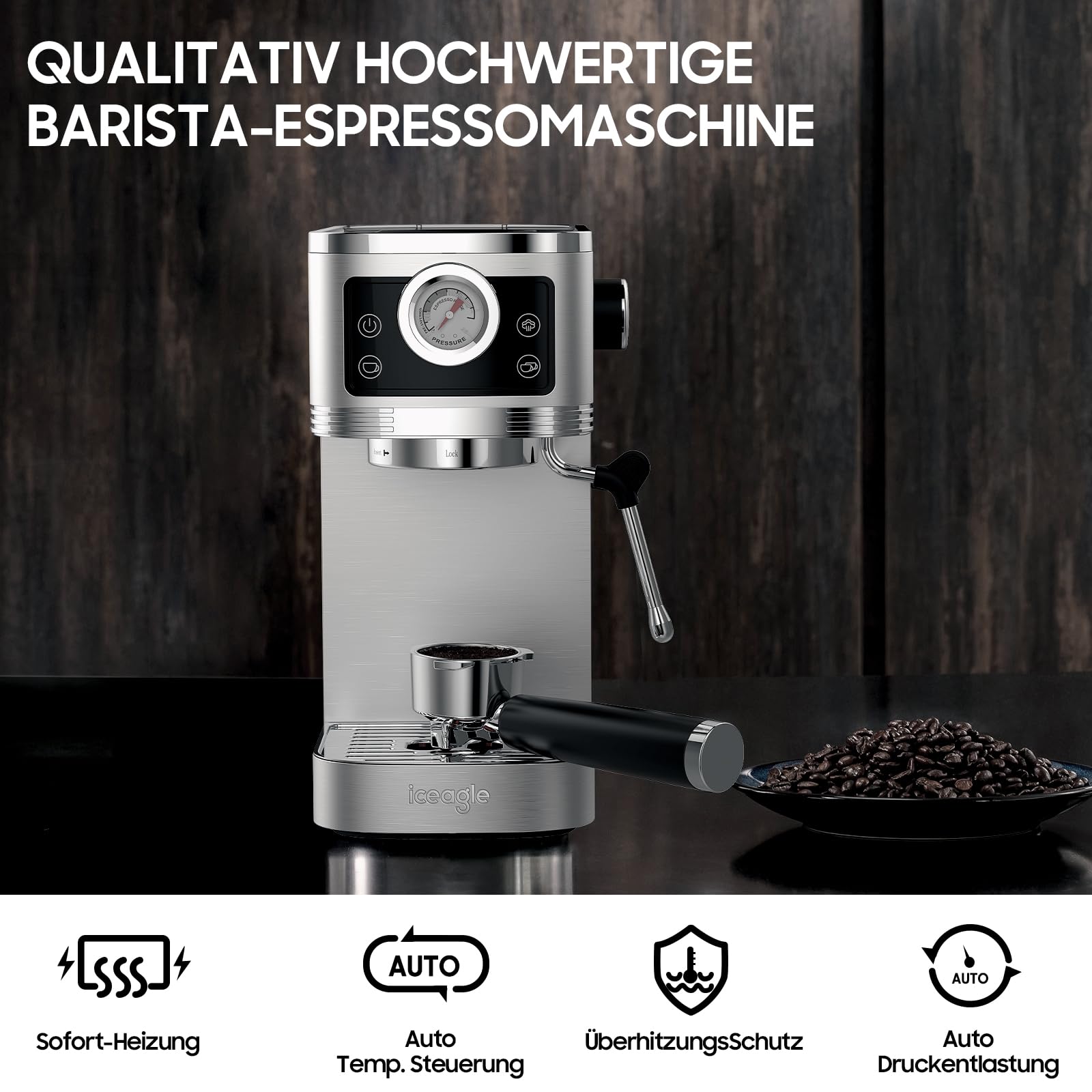 iceagle Espresso Siebträgermaschine 20-Bar Italienischer Pumpe | 1350W Espressomaschine Edelstahl mit Milchaufschäumer, Kaffeemaschine für Cappuccinoo, Touchscreen mit Druckanzeige, 1.3L Wassertank