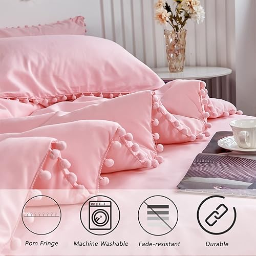 Miniatura 4 de PERFEMET Juego de edredón de 5 piezas con pompones, color rosa, tamaño individual, estético, bohemio, con flecos, con sábana, ultra suave, ligero,