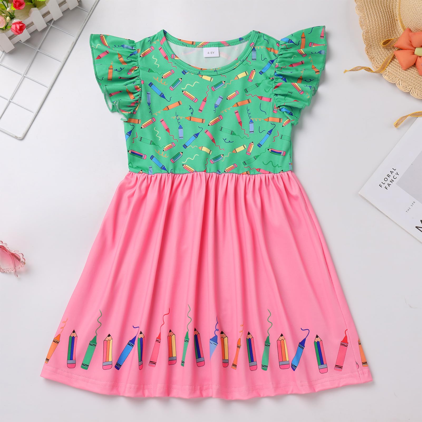 OBEEII Back to School Dress for Girls Toddler First Day of School Outfits First Day of Kindergarten Outfits for Girls Ruffle Sleeve Pencil Bottom Casual Summer Dresses Green Pink&Pencil 6-7 Years