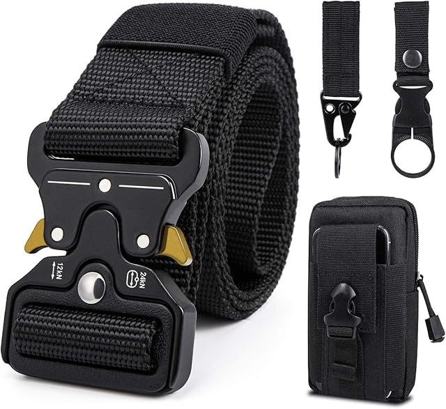 Men Tactical Belt, 1.5 Inch Military Style Heavy Duty Nylon Belts with Quick-Release Metal Buckle, Work Belt Gift with Tactical Molle Pouch and Hook for Army Hunting.