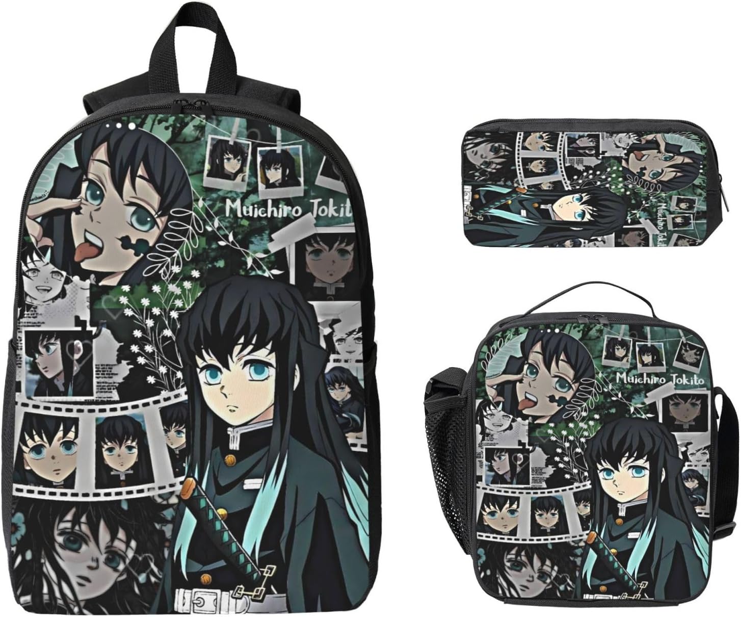 Muichiro Anime Tokito Primary Backpacks Lunch Bags+Pencil Case 3pcs Set,Adjustable Secondary Daypacks Rucksack Gifts Daily Laptop Bookbags