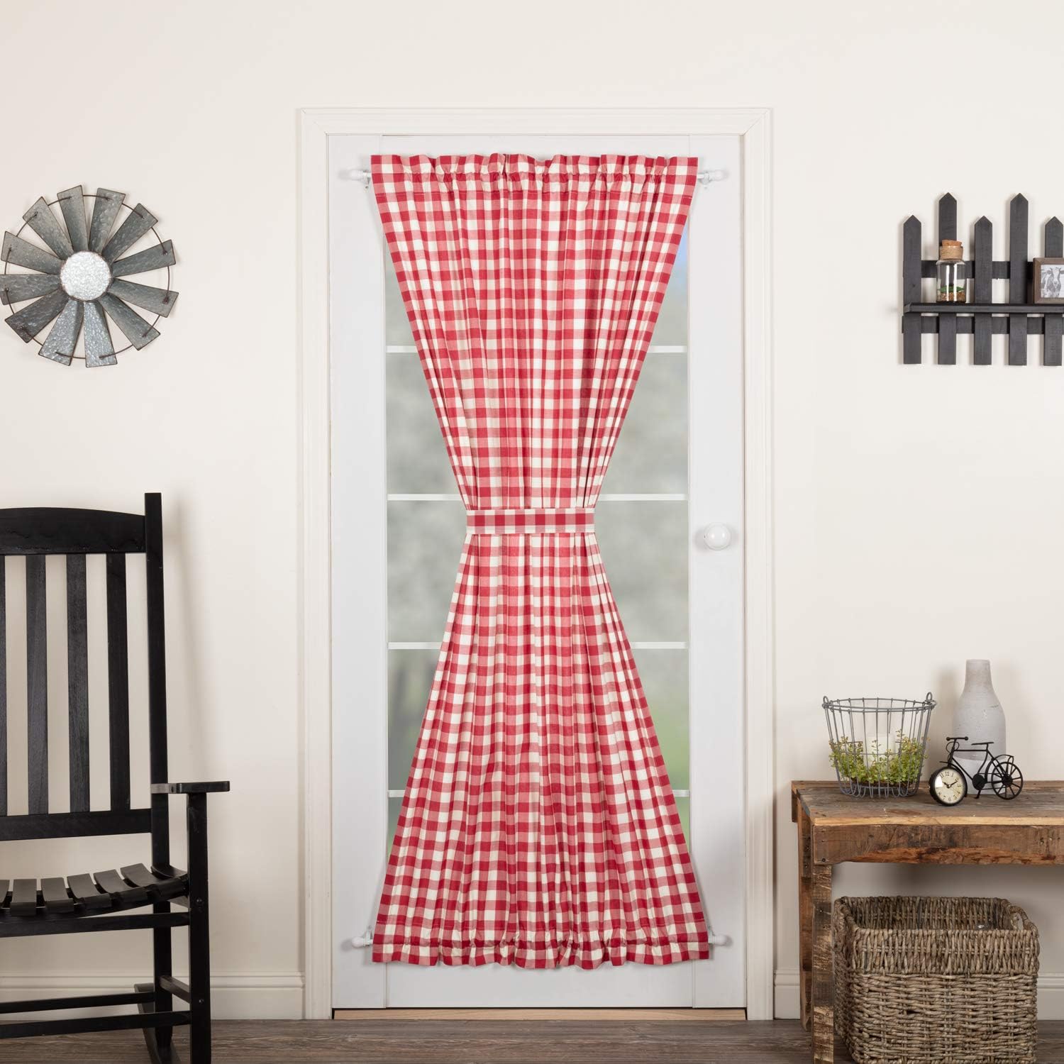VHC Brands Annie Buffalo Check Cotton Farmhouse Curtains Rod Pocket Tie Back(s) Door Panel, 72x40, Red