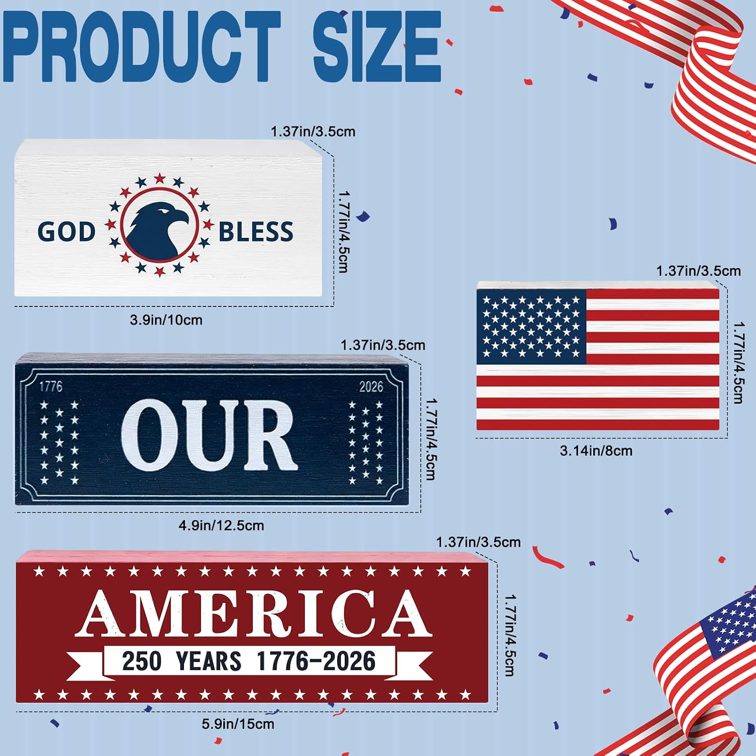 PRATIQUE 4 Pcs 4th of July Decorations Patriotic Memorial Day Tabletop Decorations Red White Blue Table Centerpieces Sign for Office Tiered Tray Home Shelf 250th Anniversary