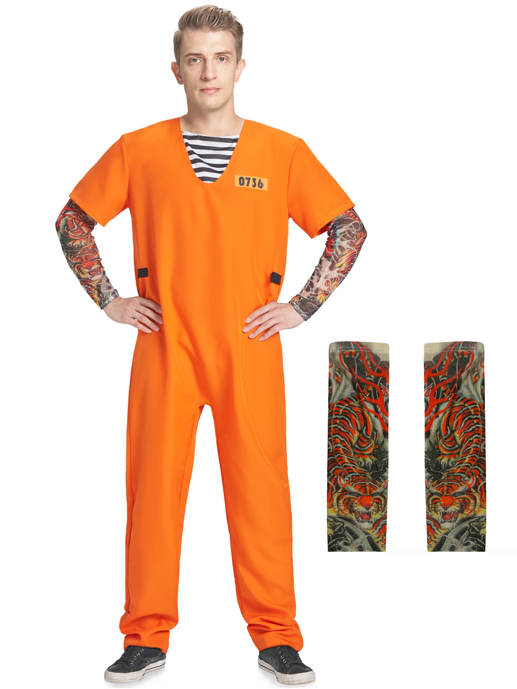 AlecosFun Men Prisoner Costume, Pcs Convict Jumpsuit Arm Warmers Set  Outfit for Adult Man Fancy Dress Up Halloween M-XXL