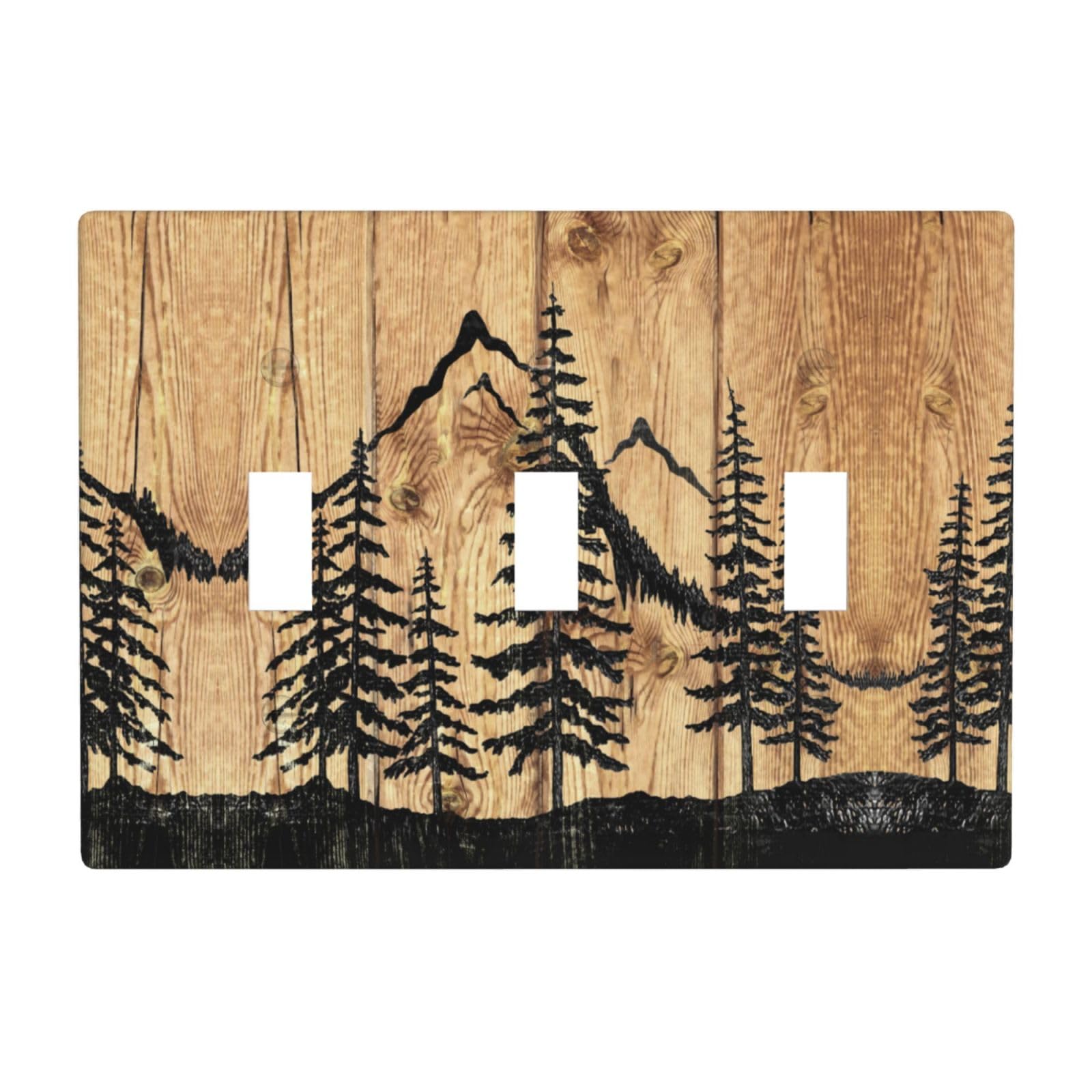 Wood Burning Pyrography Pine Tree 3 Gang Triple Toggle Outlet Light Switch Cover Decorative Wall Plate Cover For Home Living Bedroom Kitchen