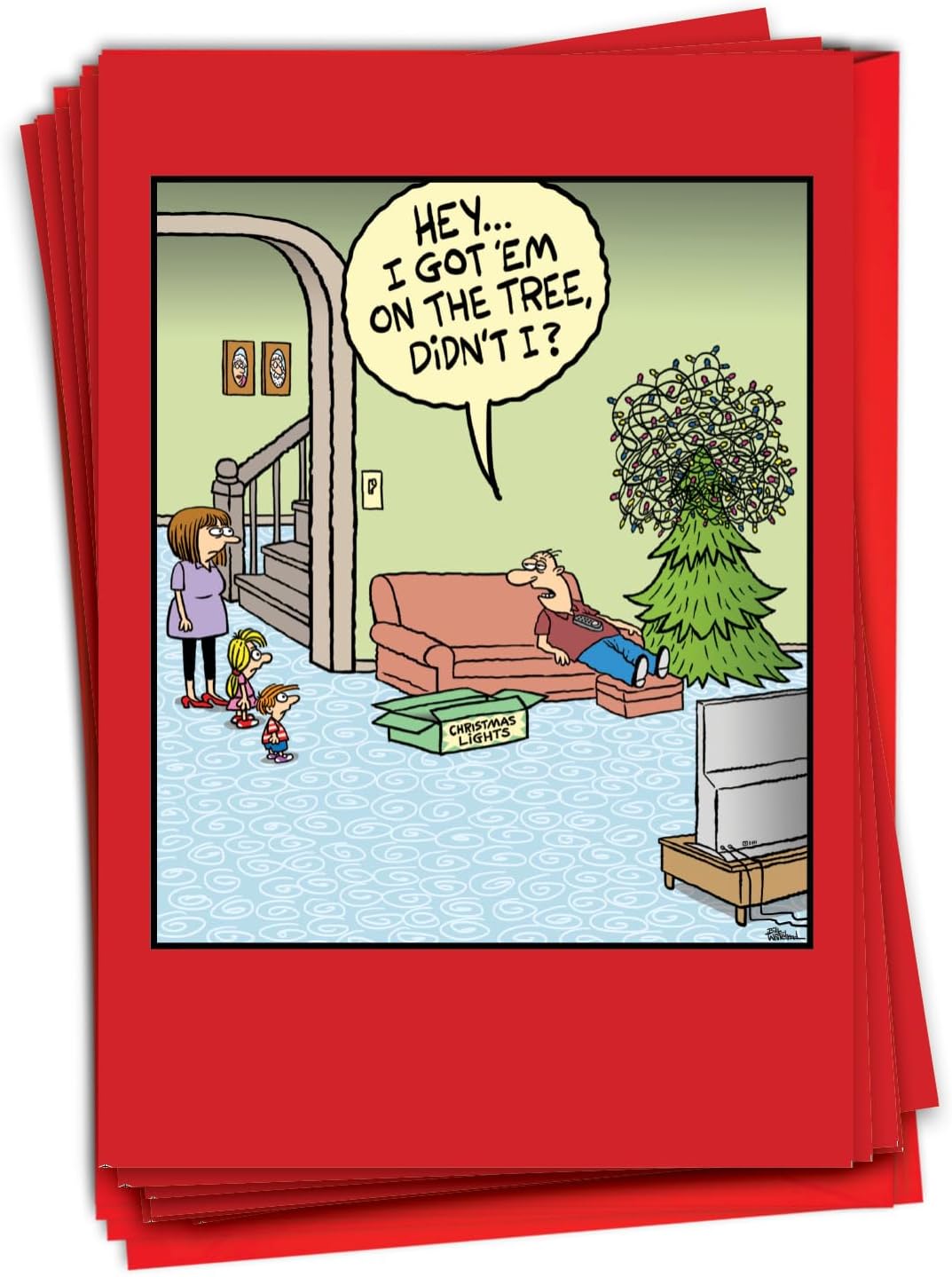 NobleWorks 12 Funny Christmas Cards w/5 x 7 Inch Envelopes (1 Design, 12 Each) - Tree Topper C8732XSG-B12x1