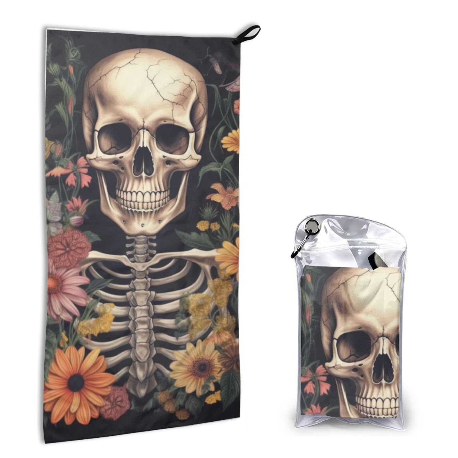 BWWHCCTI Quick Dry Hand Towel With Bag - Skeleton Skull with Flower Printed Super Absorbent Face Cloth Microfiber Travel Sports Towels 40x80cm