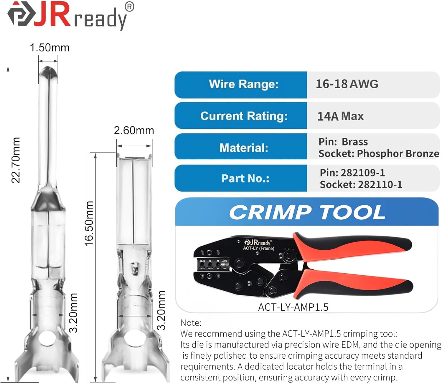 JRready ST6382-LY Superseal 1.5 Waterproof Automotive Connector Kit 1 2 3 4 5 6 Pin，16-18AWG, w/Ratchet Crimping Tool ACT-LY-AMP1.5, for Car/Trailer/Marine Wiring