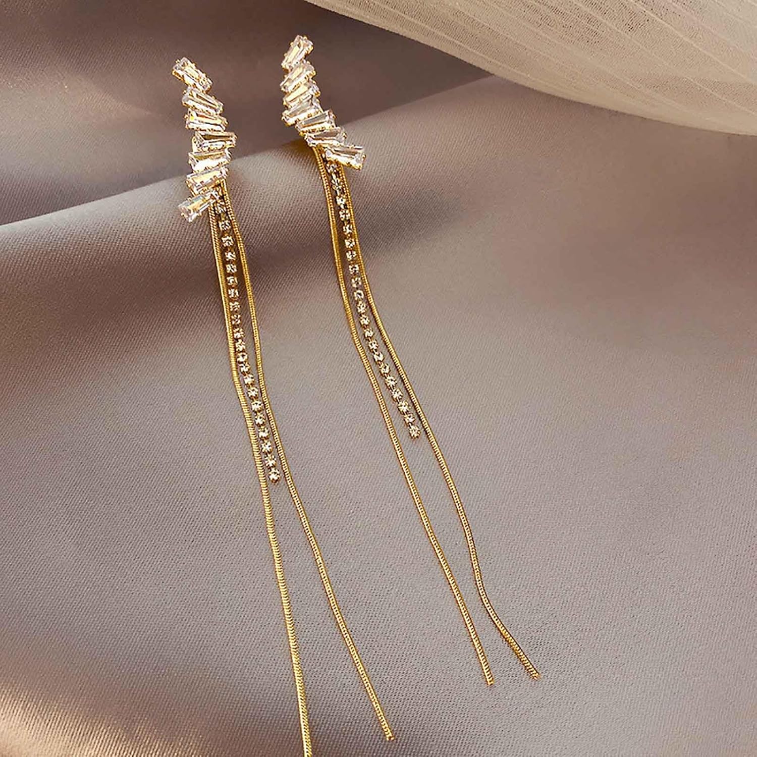 Long Crystal Tassel Drop Earrings Vintage Crystal Tassel Chain Earrings Gold Tassel Earrings Tassel Crystal Wedding Earrings Jewelry for Women and Teen Gifts - Image 3