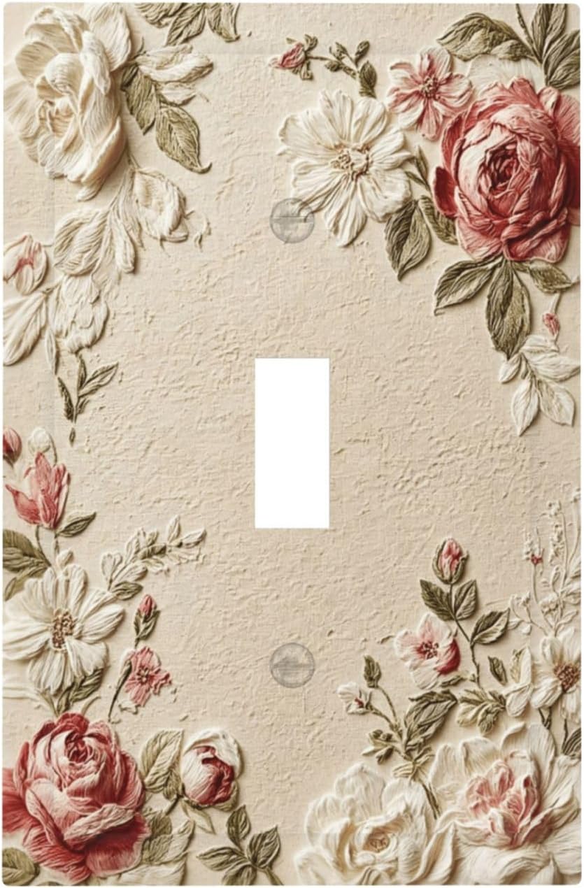 Decorative Light Switch Cover Plate Vintage Shabby Chic Pink Roses Floral 1 Gang Single Toggle Wall Plates for Electrical Outlet Covers Switch Plate Covers Faceplate for Bedroom Decor
