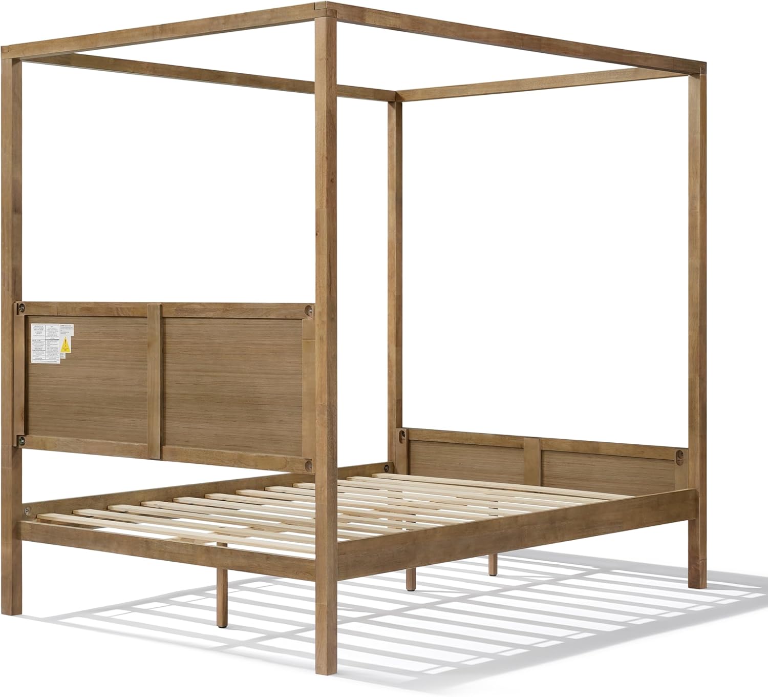 Merax Queen Size Solid Wood Canopy Bed Frame with Headboard & 4 Posters, Antique Oak Feature Farmhouse Style Queen Canopy Bed with Slats Support & Sturdy Legs, No Box Spring Needed