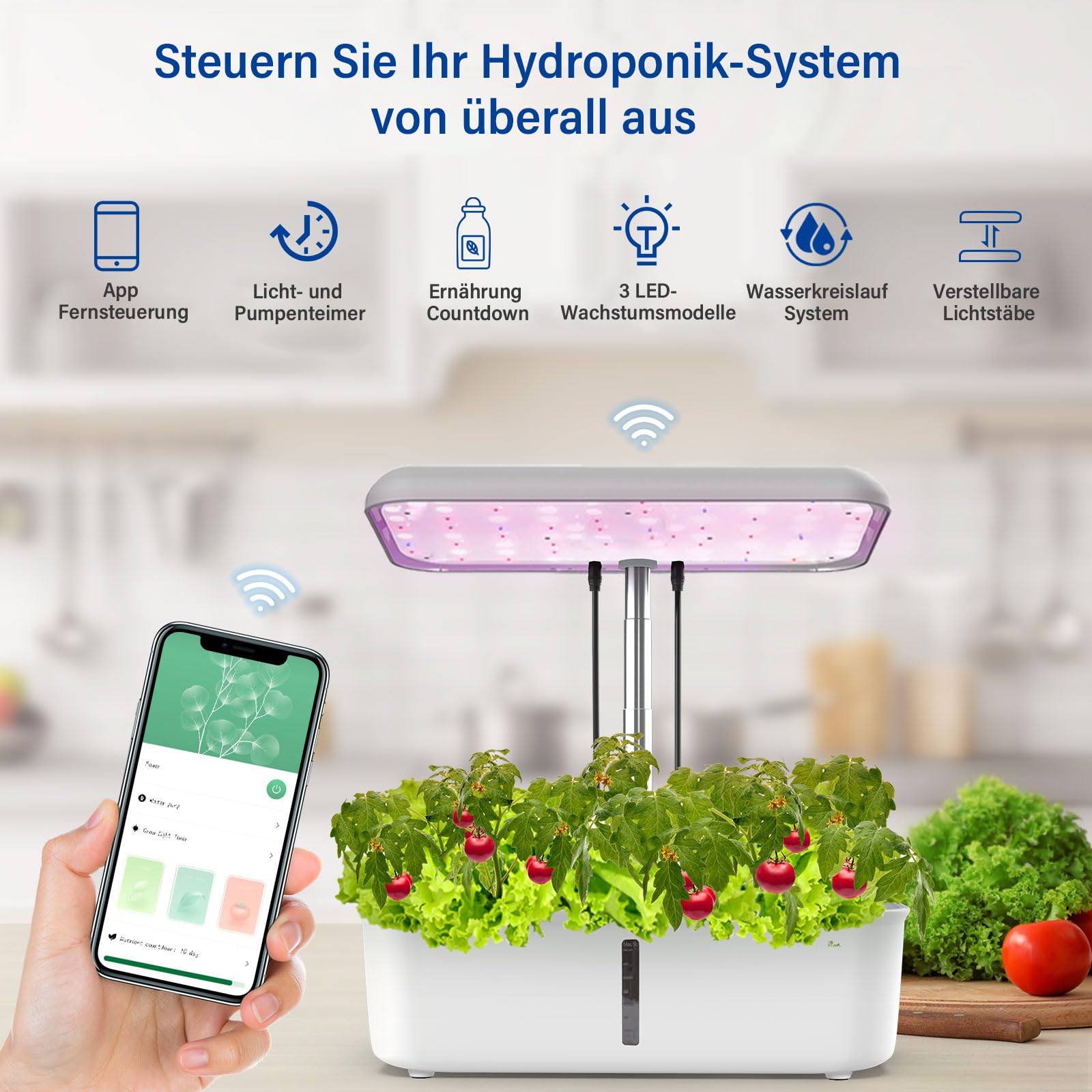 Smart Garden, sistema hidropónico WiFi, 12 macetas, jardín de hierbas para interiores con LED ajustable, cosecha frescura directamente en casa