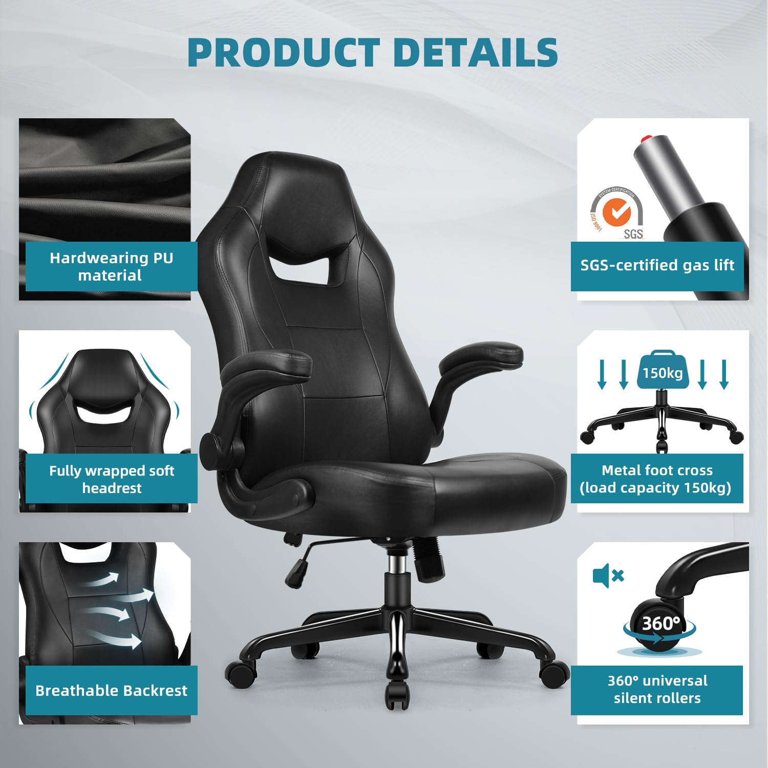 Chefsessel, Bürostuhl mit Klappbare Armlehnen, Schreibtischstuhl, Gaming Stuhl, Bürostuhl Ergonomisch,Bürostühle,Office Chair,135°neigbar,Bürostuhl 150 kg,Chefsessel Bürostuhl,Bürostuhl Leder