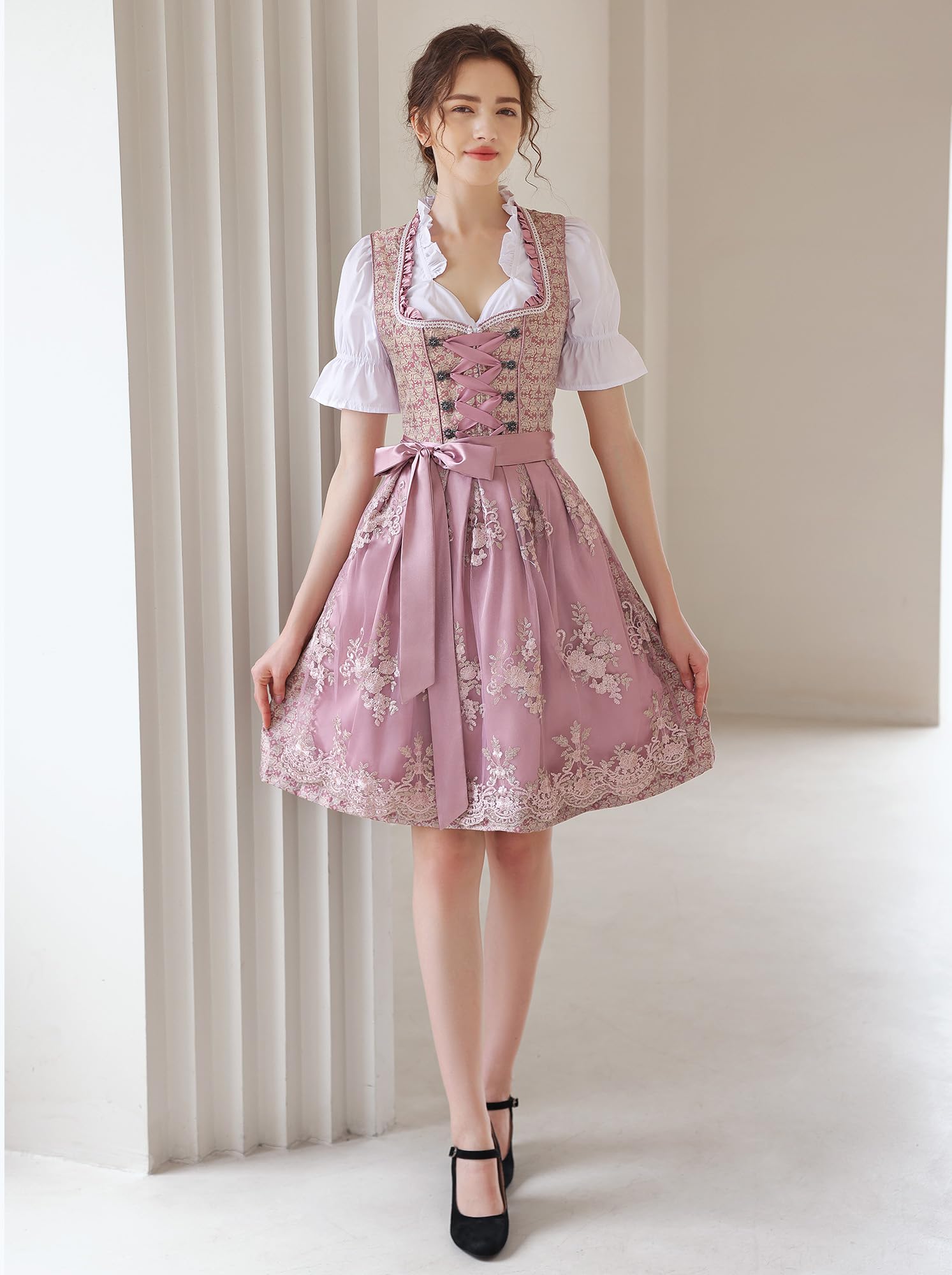 EIISSION Dirndl da Donna Midi in Esclusiva Collezione con Grembiule Rosa