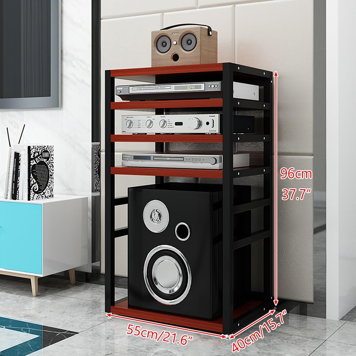 Stojak na sprzęt audio, półka narożna na sprzęt audiowizualny, nowoczesny stojak na sprzęt audio-wideo, rama MDF ze stali węglowej do domu, biura, kina – łatwy montaż (5 poziomów, wysokość 100 cm/39