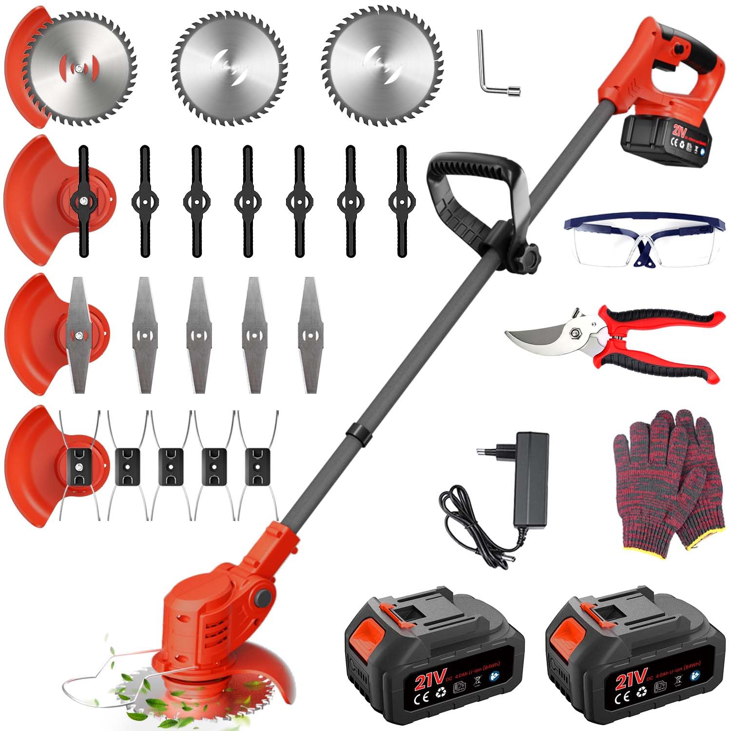 Débroussailleuse Electrique sans Fil, 850W Débroussailleuse Batterie Brushless, avec 2 Batteries 4.0Ah et 4 Lames, Coupe Bordure sans Fil avec Batterie pour tondre Le Jardin et la pelouse (Rouge)